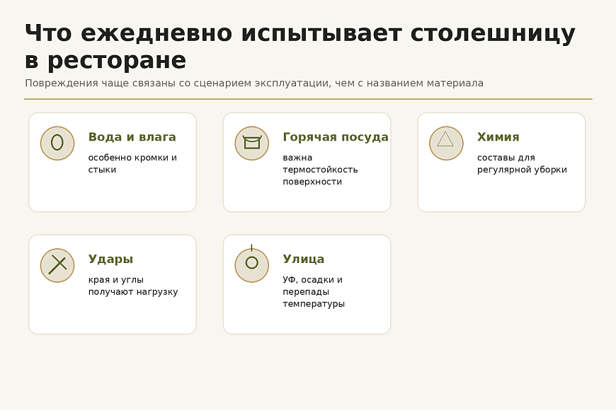 Что быстрее всего портит столешницы в ресторане: вода, горячая посуда или ежедневная уборка